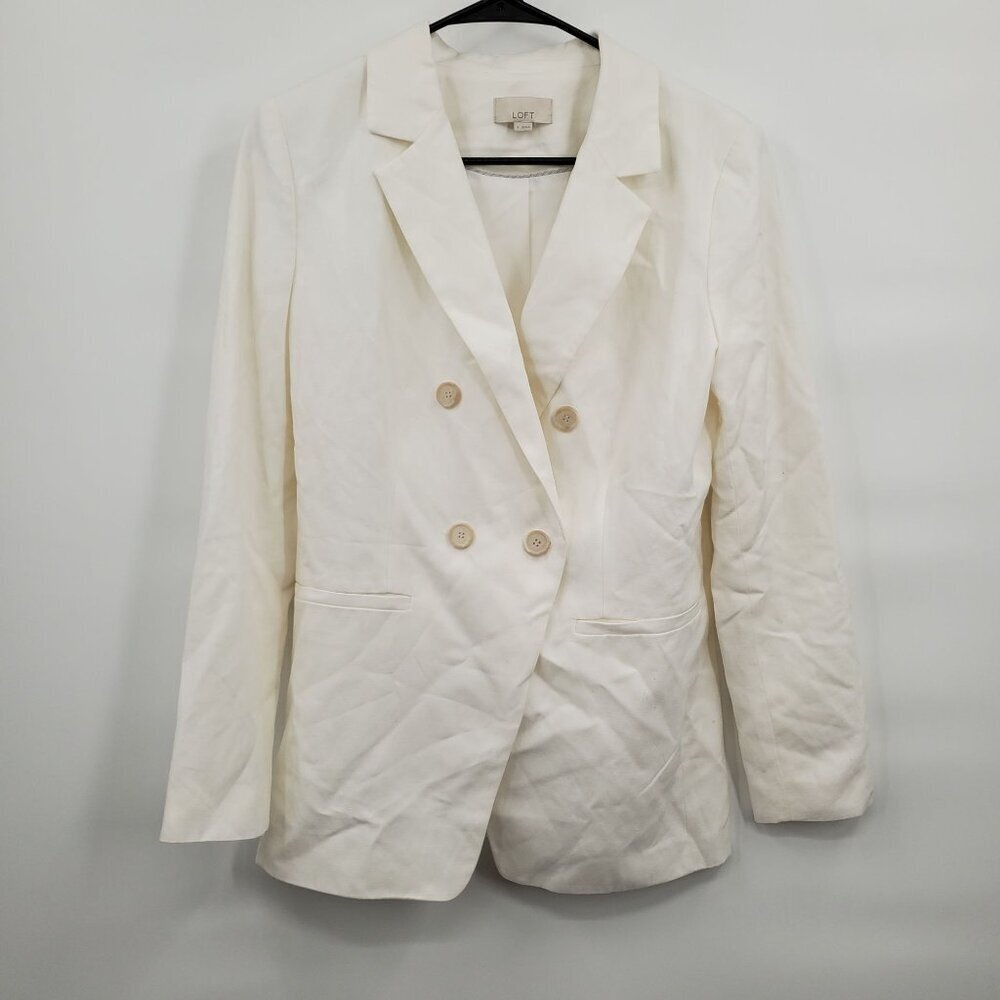 Loft Long Sleeve V Neck Linen Blazer Women Size 4 Double Breasted White Casual